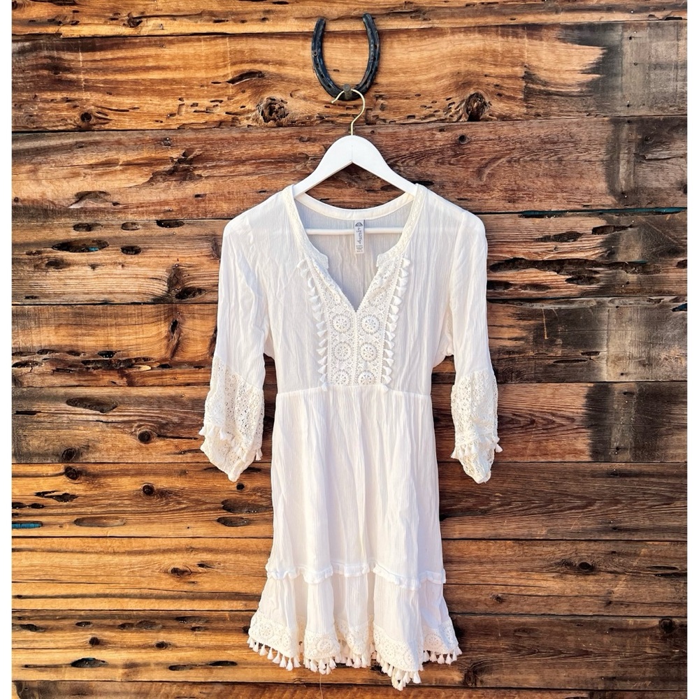 AMERICAN RAG | Bohemian Cottagecore Lace Crochet 3/4 Sleeve Tiered Dress S